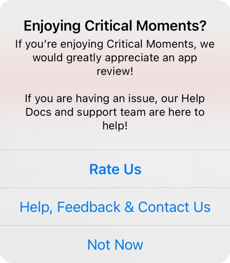 review prompt with buttons for 'Rate Us' and 'Help, Feedback & Contact Us', and 'Not Now'