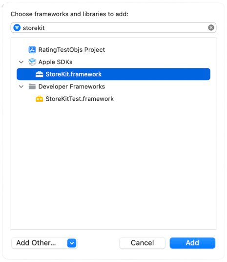 Xcode UI to add StoreKit framework